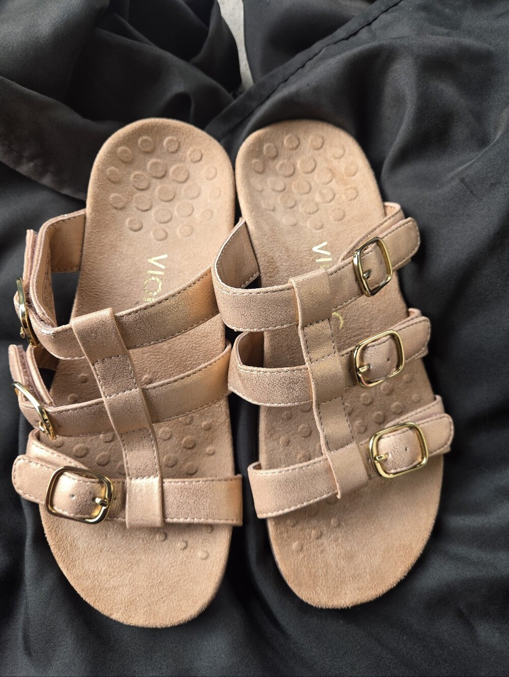 Vionic Women's Triple-Buckle Suede Sandals in Beige with Gold Buckles